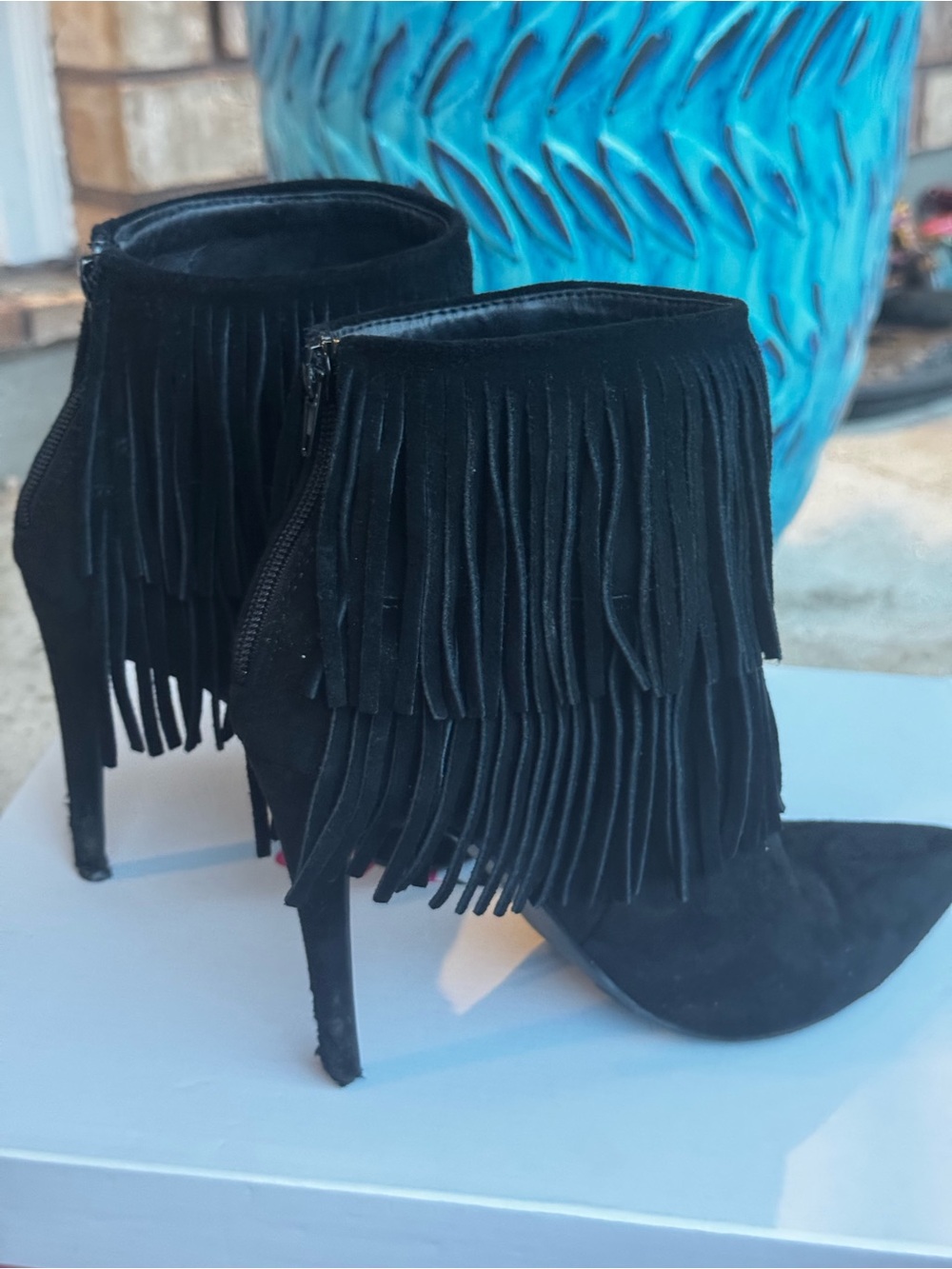Black Fringe Suede Ankle Heels - Women